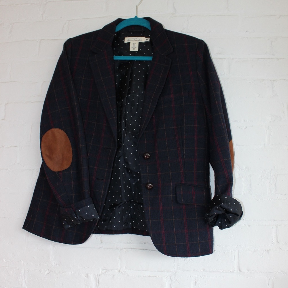 Navy plaid blazer with elbow patches